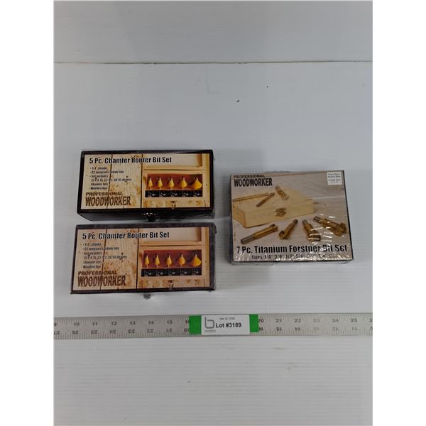 (3) Router Bits  - New-In-Box (2) Chamfer (1) Forstner