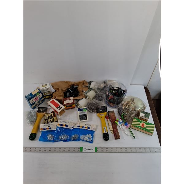 Assorted  - Finishing Nails,  Paint Scrapers, Drape Hooks, Bed Frame Castors, Misc.