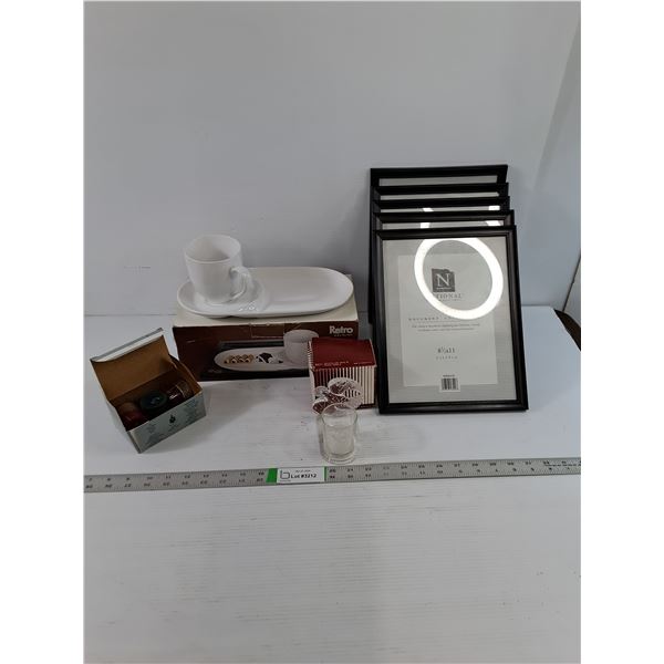 Assorted Decor  - (5) Picture Frames 8 1/2" x 11" (1) Crystal Candle Holder (1) Saucer/Mug