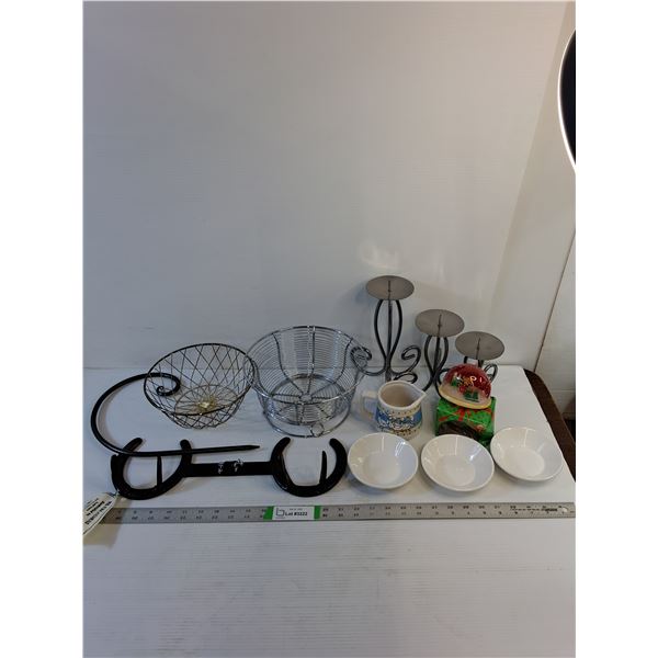 Assorted  - Horse Shoe Coat Hanger, Fruit Basket,  Bowls, Vintage Snow Globe, Candle Holders-PU