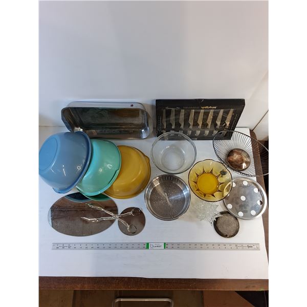 Assorted Kitchenware  - Mixing Bowls (Glass/Plastic) Wiltshire Steak Knife Set (8) - PICK UP