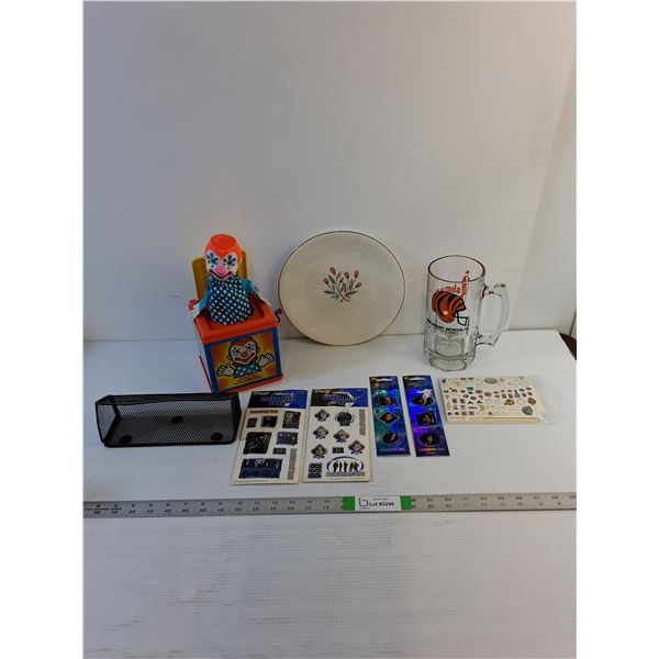 Assorted  - Jack-In-The-Box, Plate (Wedgwood-Enland) Mugs, Stickers, Misc.