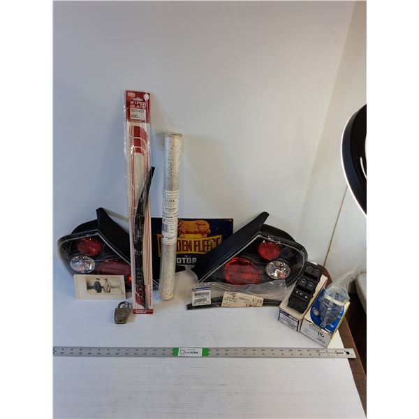 Assorted  - Taillight Assembly, Wipers, Wallpaper, Misc Auto Parts, Sign, Vintage Lock/Picture - PU