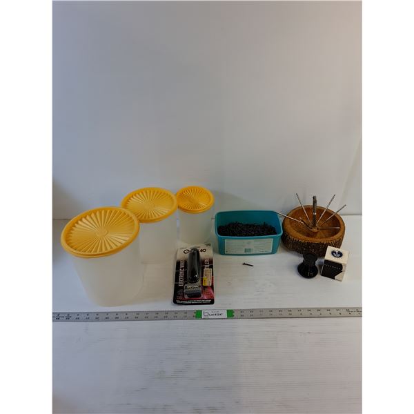Assorted  - Drywall Screws (1 1/4") Nut Cracker Bowl, Writers Ink, Tupperware - PICK UP
