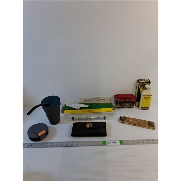 Assorted  - Vintage Medicine/Folding Ruler, Hunu Rubber Mug, Wallet, Caboose, Rolling Ruler