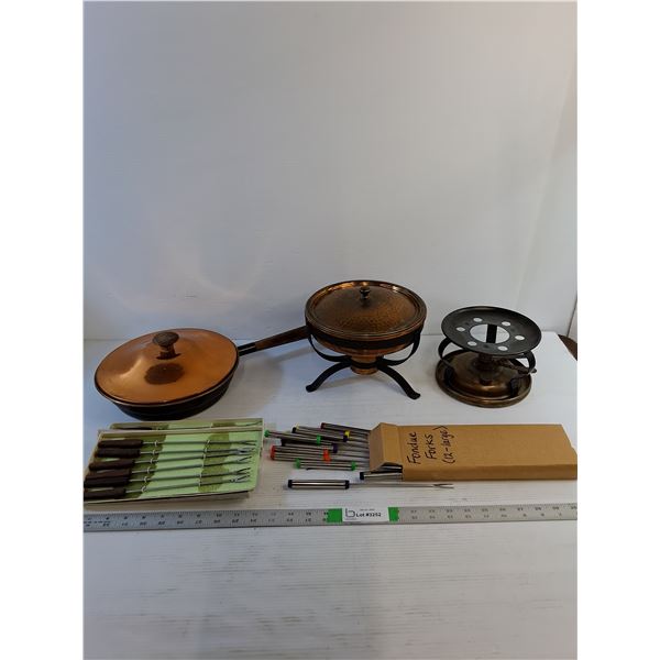 Brass/Copper Cookware - Vintage Fondue Set w/ (12) Extra Forks