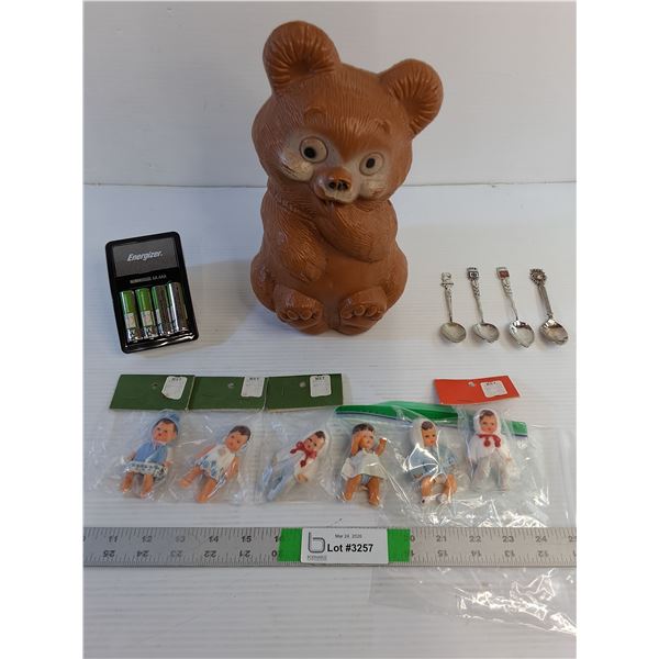 Vintage - (1) Bear Cub Coin Bank / (6) Miniature Dolls