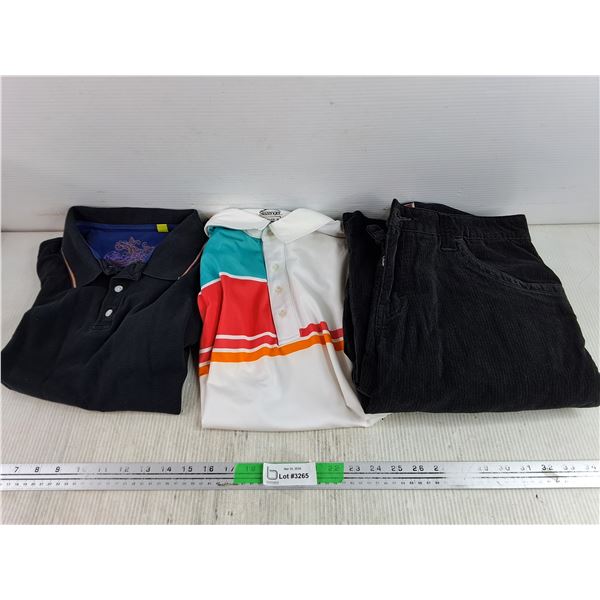 (3) Men's Clothing  - Hilfiger Corduroy  (Black - Waist 34), (2) Polo Shirts
