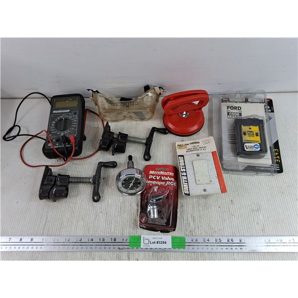 Mastercraft Digital Multimeter, Safety Goggles, PCV Valve, Ford Code Reader, RPM Gauge, Misc