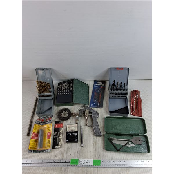 Drill Bits, Voltmeter, Mastercraft Test Lead Set, Paint Spray Gun, Misc