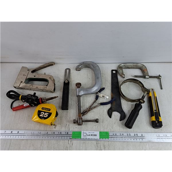 Strap Wrench, Stanley Measuring Tape, C Clamps, Soldering Gun, Utility Knife, Misc