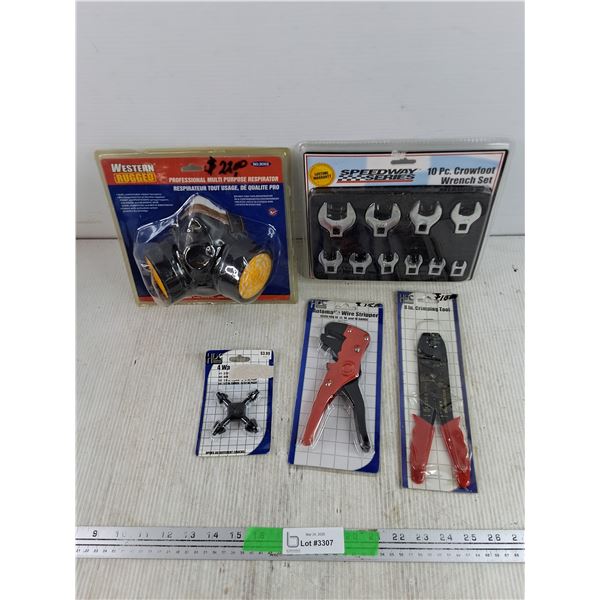 Western Rugged Respirator, Auto Wire Stripper, 8" Crimping Tool, 10 pc Crowfoot Wrench Set, Misc