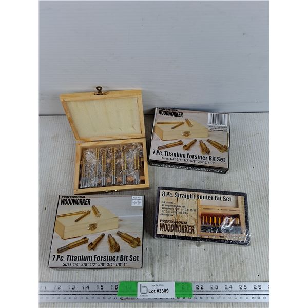(2) Professional Woodworker 7 Pc Titanium Forstner Bit Set, 8 pc Straight Router Bit Set