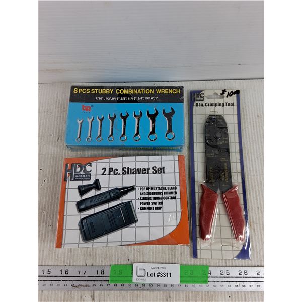 HDC 2 pc Shaver Set, 8 Pcs Stubby Combination Wrench, 8" Crimping Tool, New
