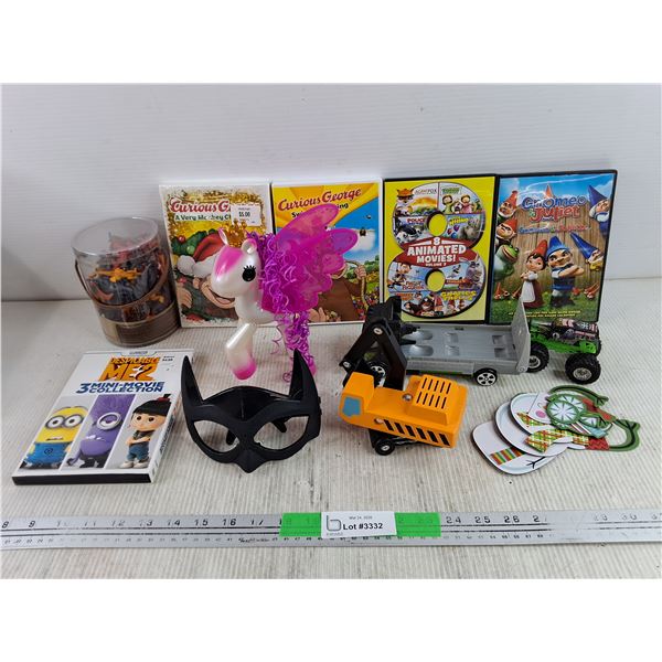 Assorted Kids Toys, Batman Face Mask, DVD Cartoons - Gnomeo & Juliet, Despicable Me, Curious George