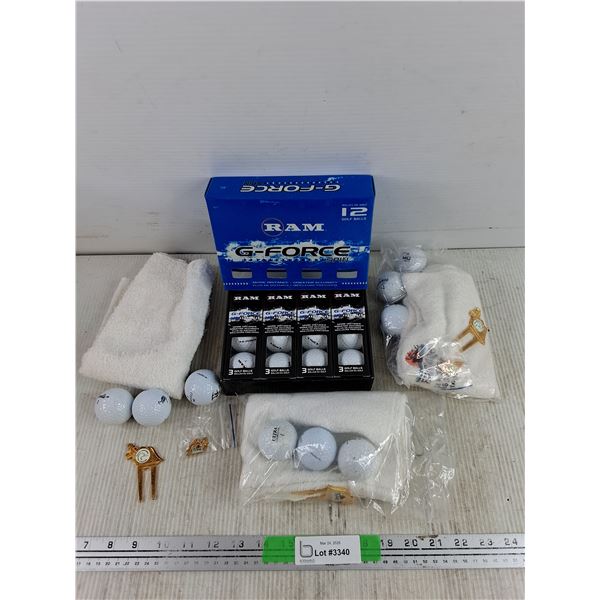 Assorted Golf Balls, (3) Towels, Misc