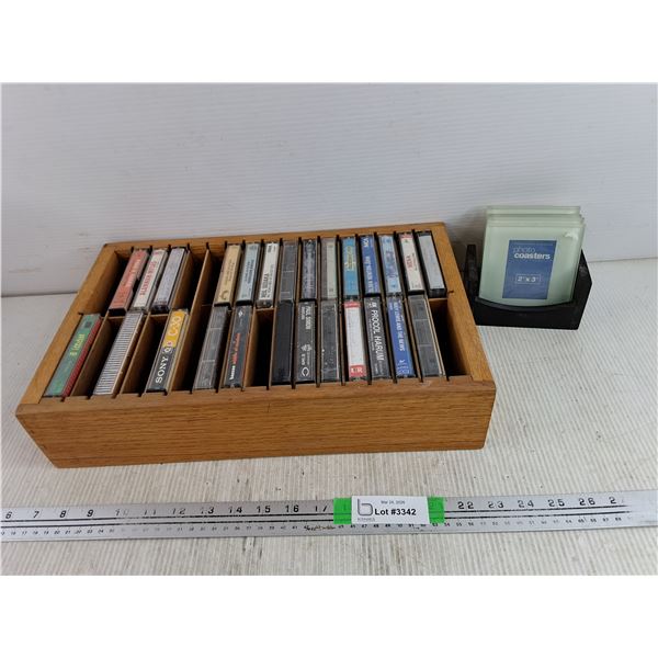 Cassette Tapes w/Wooden Cassette Organizer 16" x 10" x 3", (4) Photo Coasters