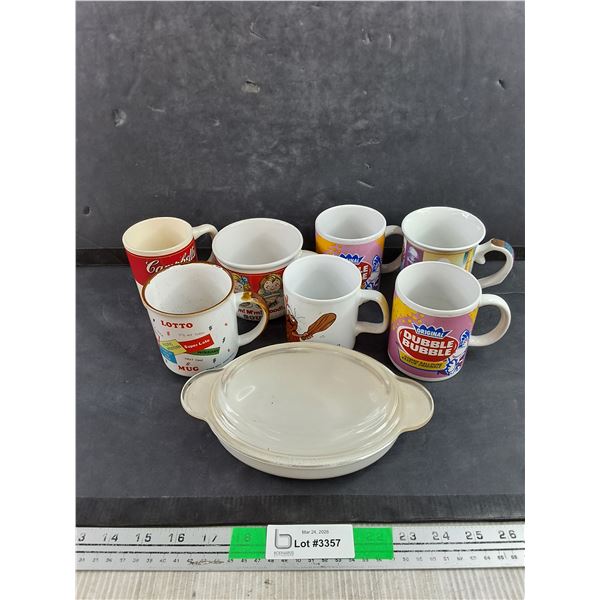 Ceramic Mugs - Campbell's, Dubble Bubble, Captain Caveman, Corning Ware Dish w/Lid