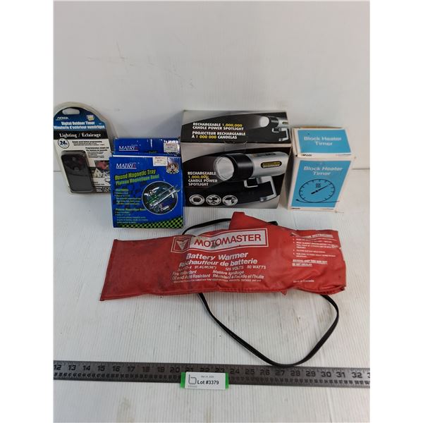Spotlight, Magnetic Trays, Timers, Battery Warmer - Some New, All Untested, As is