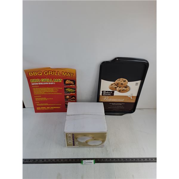 NOS (Baker's Secret Cookie Sheet, BBQ Grill Mat, Globe 2-Pack Light Fixtures)