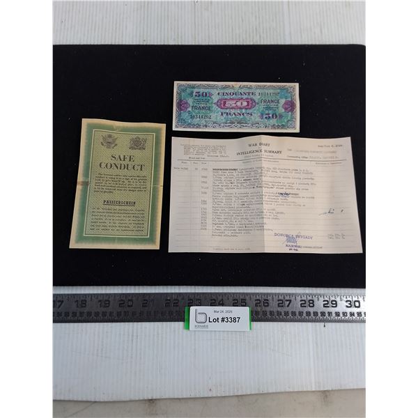 Vintage Papers - 50 Franc Bank Note, German Soldier Surrender Note, Polish War Diary Intelligence