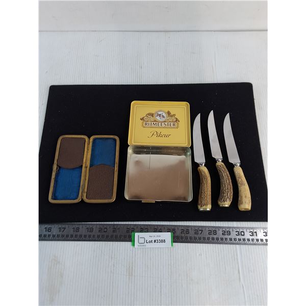 (3) Bone Handle Steak Knives, Antique Case, Vintage Cigarette Tin