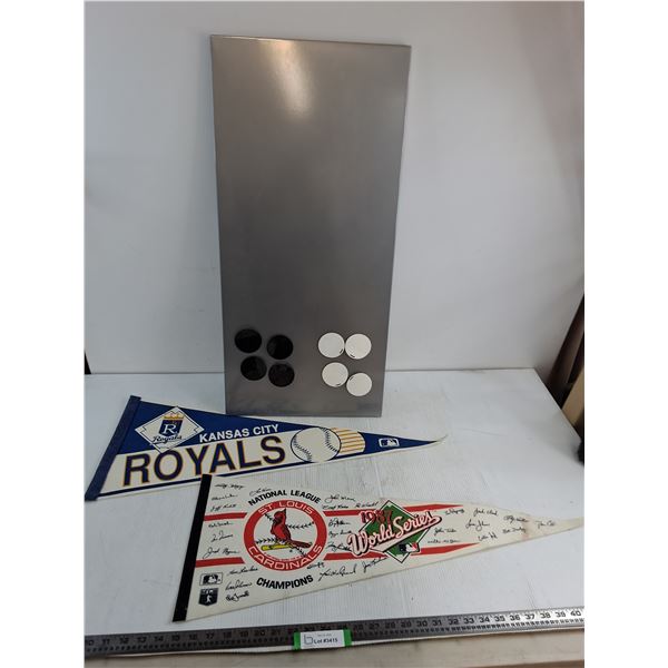 IKEA Sponton 15" x 31" Metal Bulletin Board w/8 Magnetic Clips, (2) MLB Pennants
