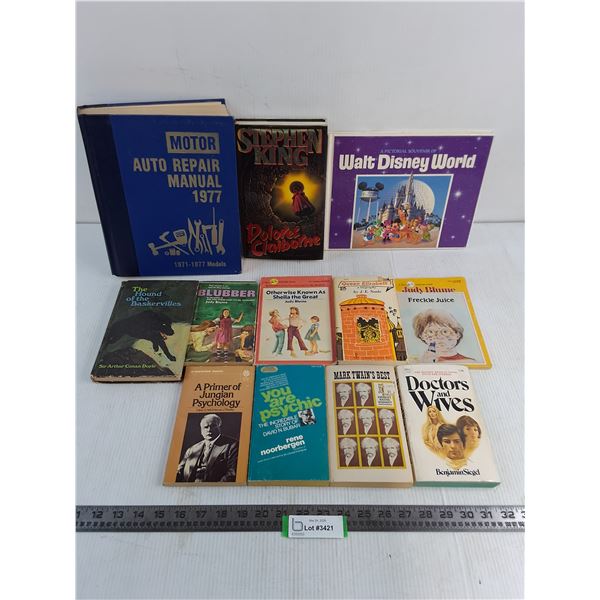 (12) Vintage Books (Paperback Novels, 1977 Auto Repair Manual, Disney World Souvenier)