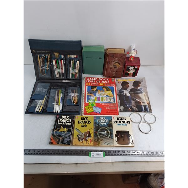 Assorted Lot (Binder of Pens, Dick Francis Paperbacks, Pilsbury Tree Ornament, Bangles)