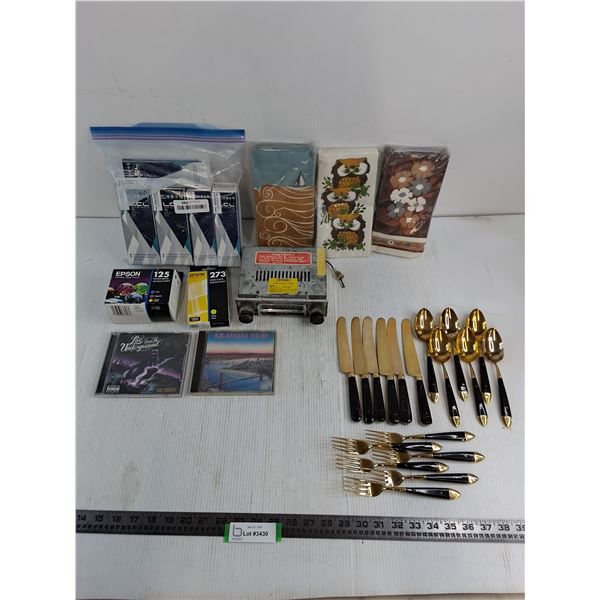 Vintage Cutlery Set, Assorted Epson Ink Cartridges, Serviette Sets, Car Radio, CD's