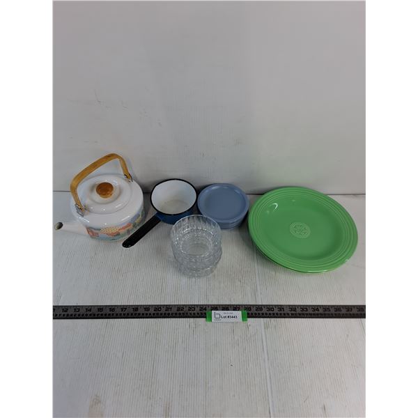 Ceramic Dinner Plates, Plastic Sandwich Plates, Vintage Tea Kettle, Sauce Pan, Dessert Bowls