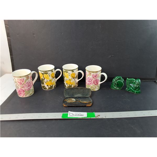 (4) Royal Bone China Mugs, Ceramic Gnome Sculptures, Antique Spectacles & Case