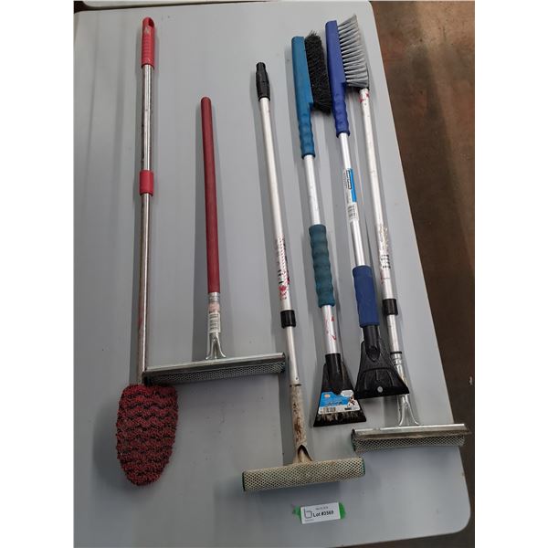 Various Car Cleaning Tools- Adjust-Wash Brush, (2) Squeegee Brushes,  (2) Snow Brushes -PU