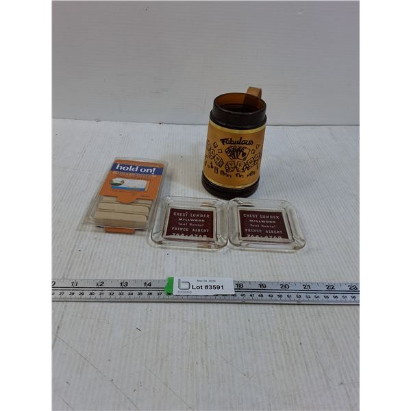 Fabulous Las Vegas Themed Cup 5", (2) Ashtrays 4", Sheet Grippers