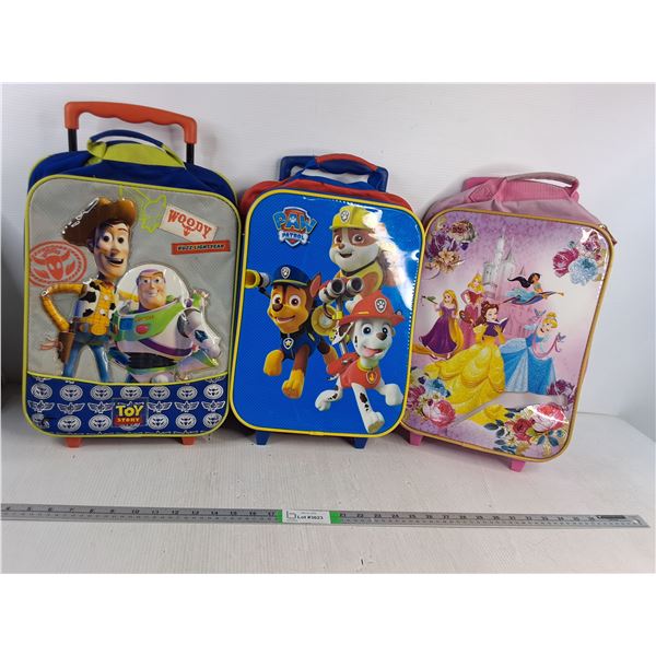 (3) Children's Suitcase- Toy Story, Paw Patrol, Disney Princess,  Zippers & Wheels Work - PU