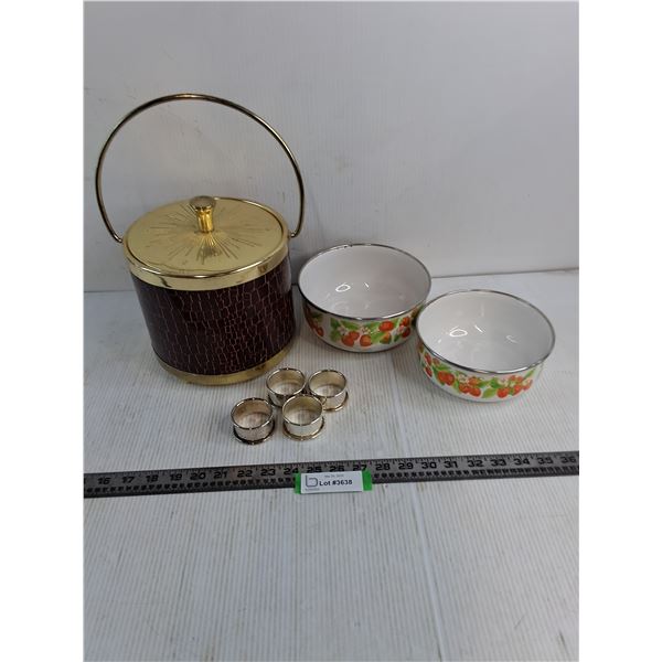 Ice Bucket, Enameled Bowls, Set of 4 Napkin Holders