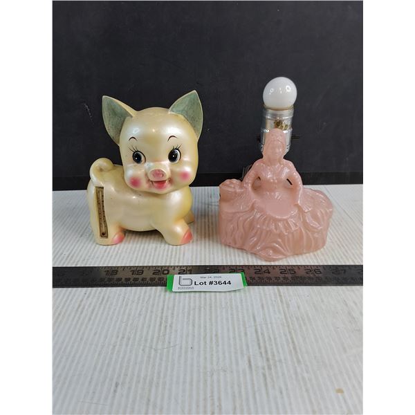 Vintage Lot (Piggy Bank/Thermometer, Pink Glass Lady Lamp - Working)