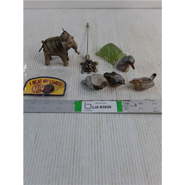 Brass Elephant Figurine,Green Glass(Jade) Turtle,(4) Tremar pottery Figurines and Turtle Incense Hol