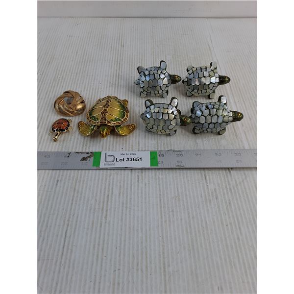(4) Decorative Turtle Napkin Rings,Turtle Trinket Box ,(2) Brooches