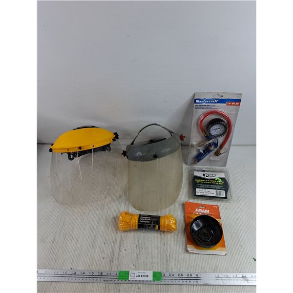 (2) Face Protection Shields, Polypropylene Rope, FRAM Filter Wrench, Tire Inflation Gun, Misc