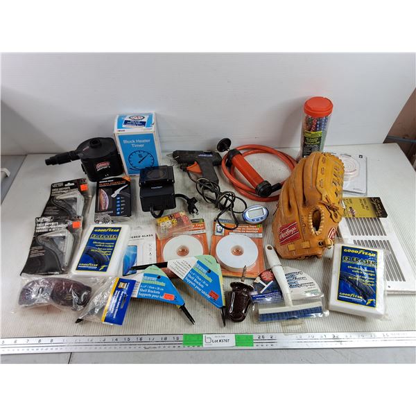Rawlings Baseball Glove, Block Heater Timer, Coleman Quickpump, Shelf Brackets, Misc