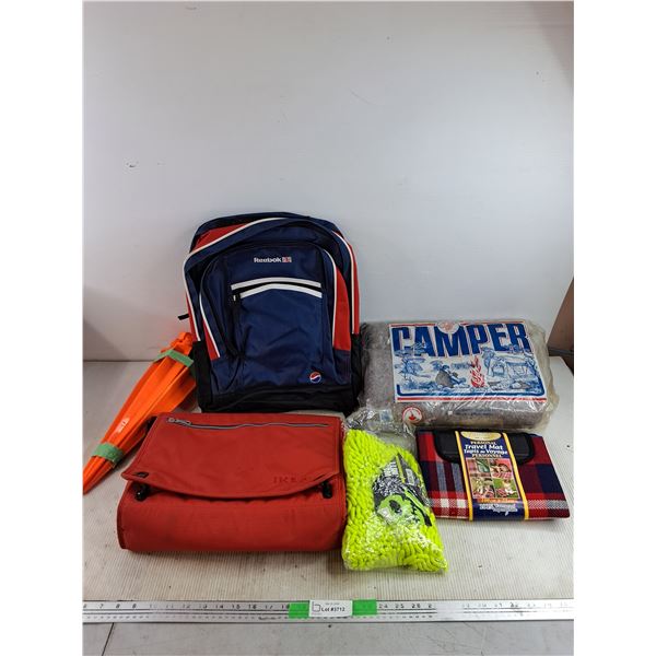 Reebok Backpack, Camper Blanket, Personal Travel Mat, Wash Mitt, Misc