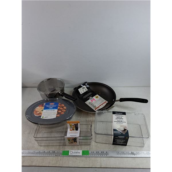 *Kitchen Aid Frying Pan, Stock Pot, Plastic Storage Box, Organizer Trays & Glass Container w/Lid