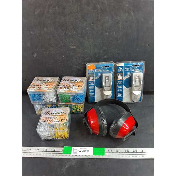 Small Coated Paper Clips, Ear Protectors, (2) Battery Powered LED Booklight - New