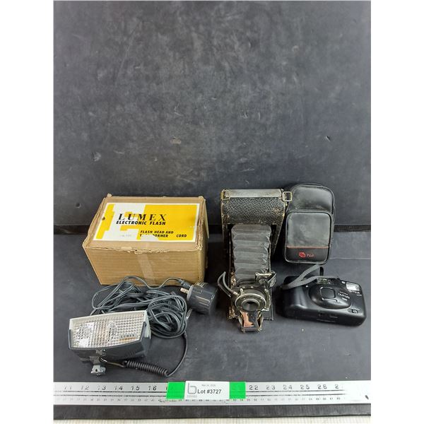 Lumex Electronic Flash, Antique Seneca Trio Camera, Fuji DL95 Camera - As Is