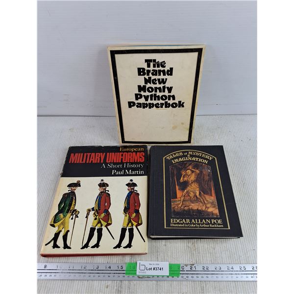 (3) Books - European Military Uniforms, Edgar Allan Poe, Monthly Python Papperbok