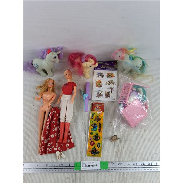 My Little Pony Figures, Barbie Dolls, Red Rose Ornament, Jurassic Park Stickers, Misc