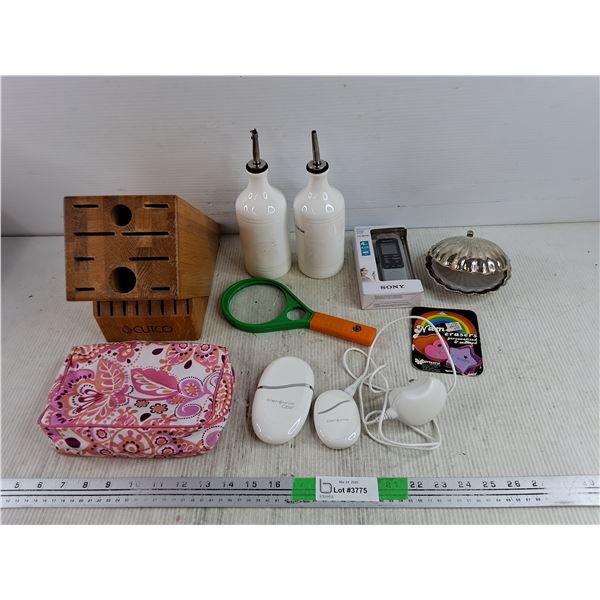 Cutco Wood Knife Holder, Vinegar & Oil Bottles, Sony Digital Voice Recorder, Silver Soap Dish, Misc