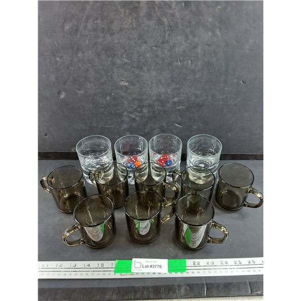 Tempered Glass Mugs, (4) Whisky Glasses & Dice