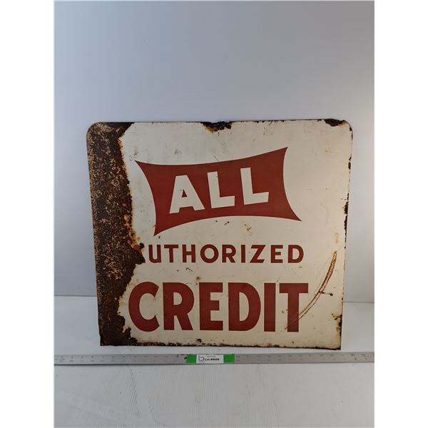 Vintage Metal 'All Authorized Credit' Sign 24", Cannot Ship